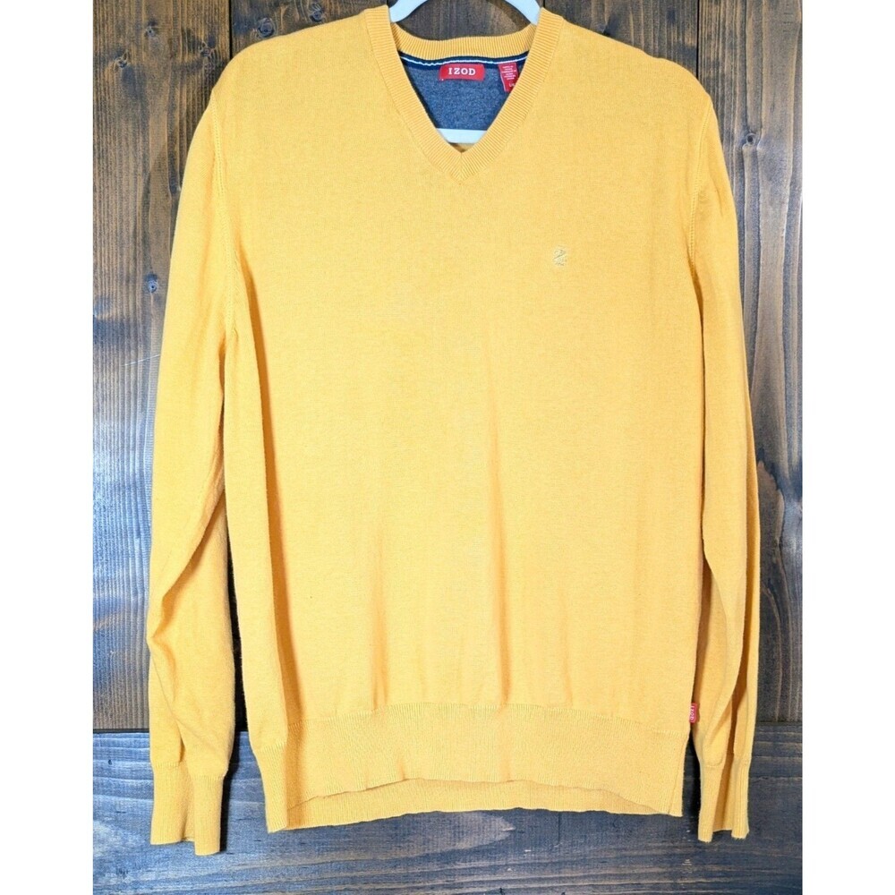 IZOD Sweater Mens Large Yellow Cotton V-Neck Long Sleeve Knit Pullover